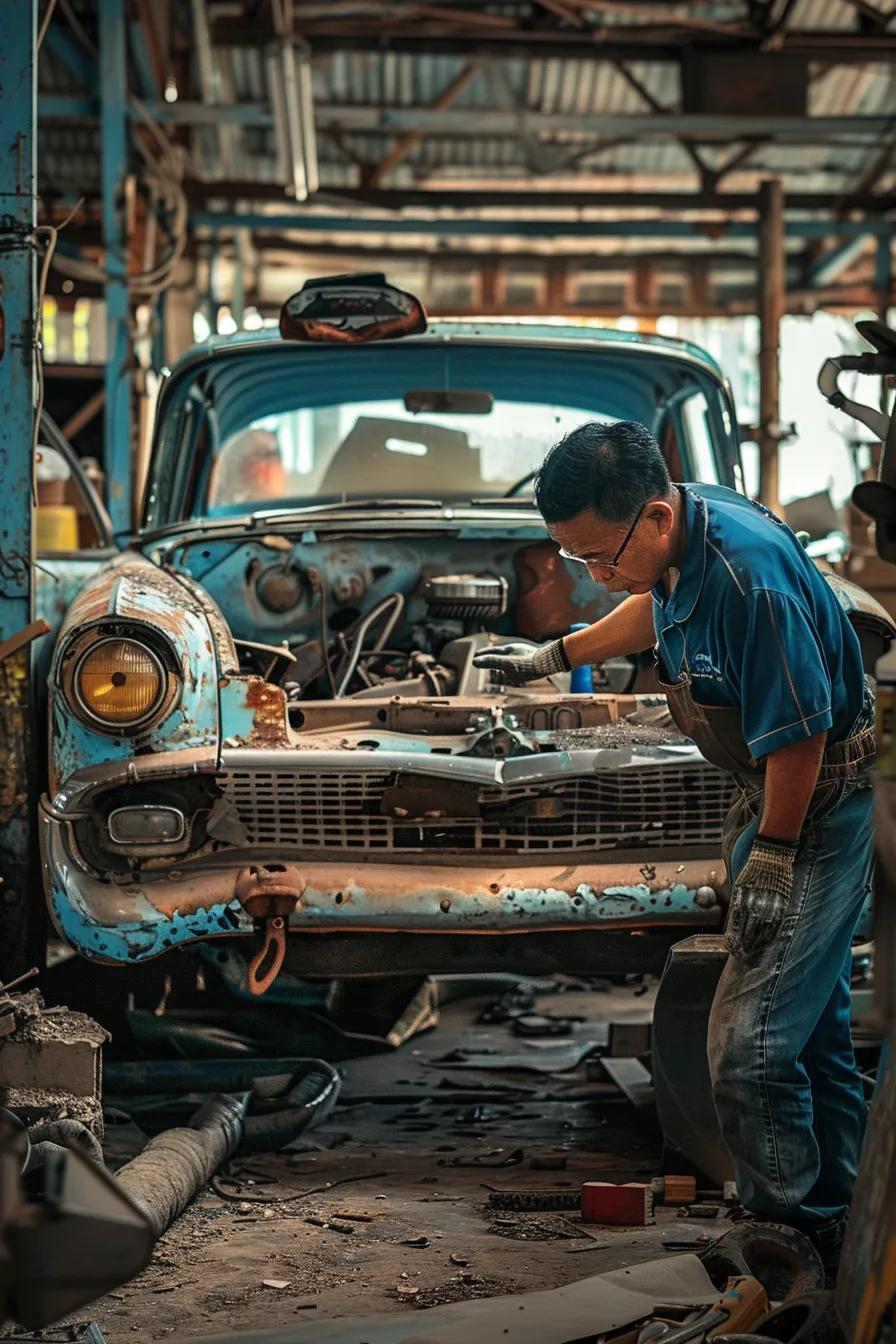 A mechanic carefully inspecting a car destined for scrapping, highlighting the factors that influence its body value