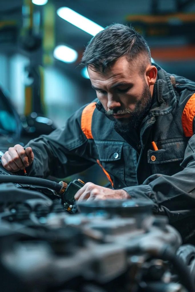 Technician meticulously inspecting used auto parts in a professional workshop, highlighting quality assurance procedures