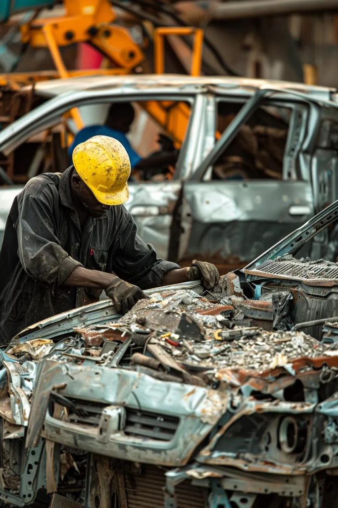 Workers carefully dismantling a car at a scrapping facility, illustrating the car scrapping process and recycling efforts