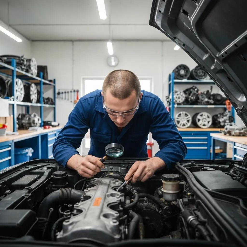 A technician carefully inspecting a used car part in a workshop, highlighting the quality assurance process for automotive components