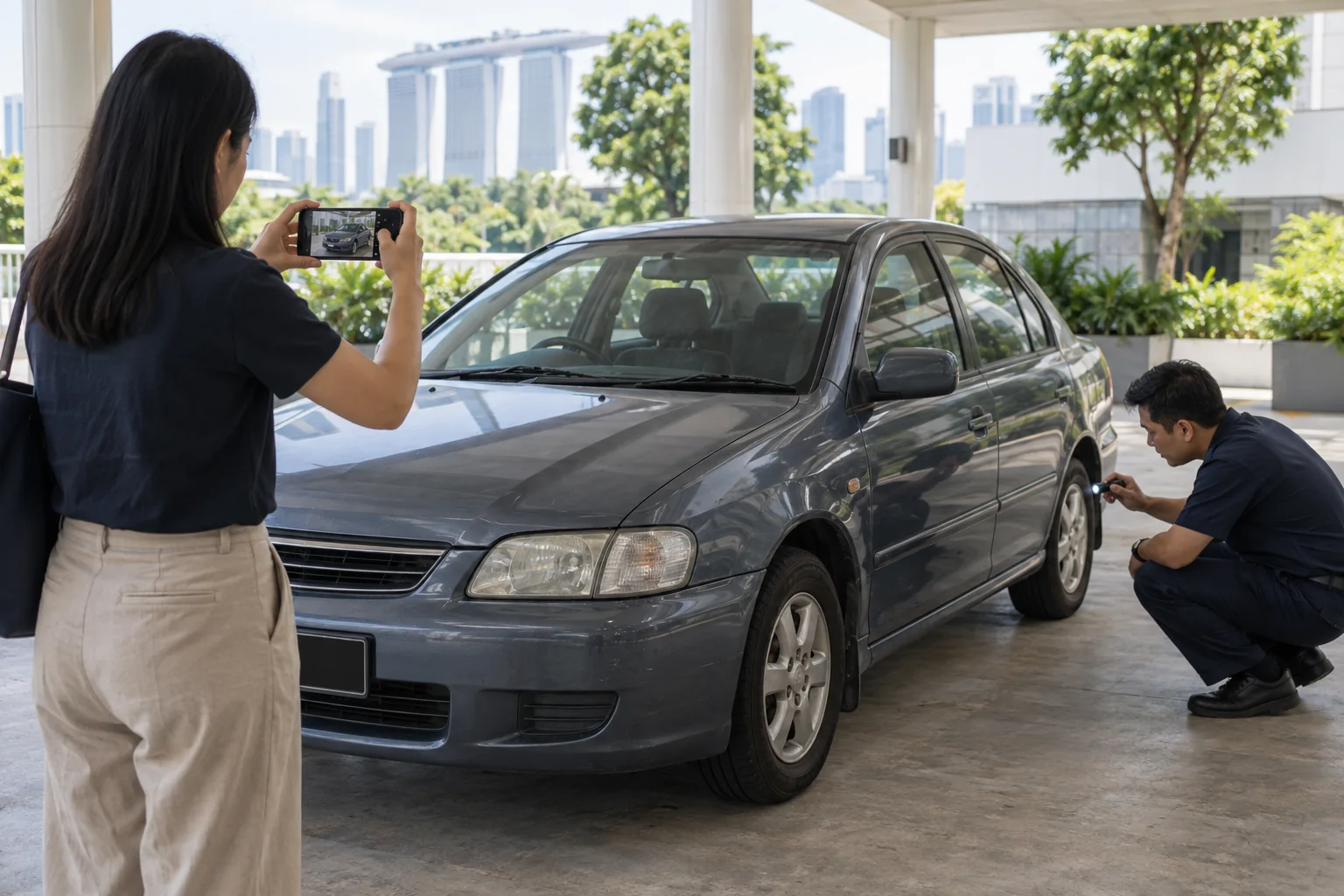 Owner photographing a used car for an accurate as-is sale or scrap valuation in Singapore