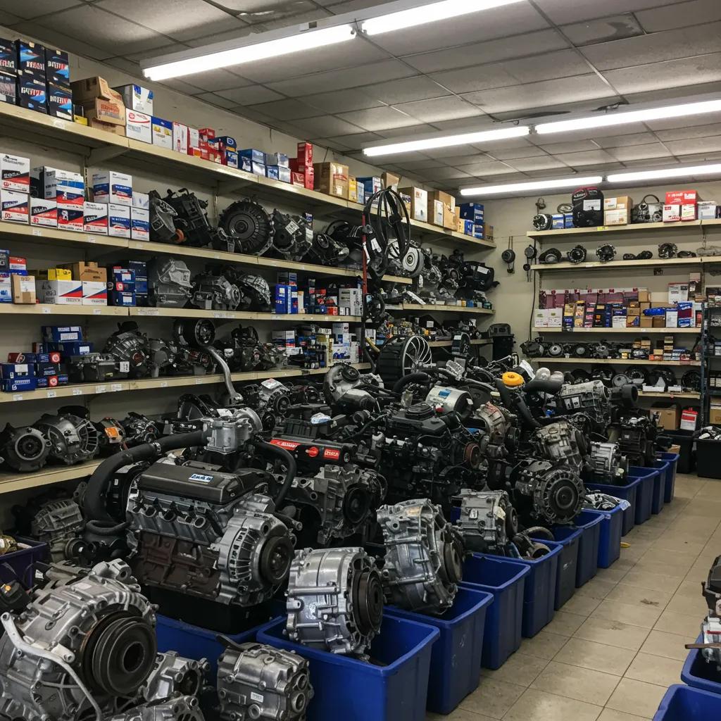 Auto parts store interior with organized shelves displaying used car parts and a staff member assisting a customer