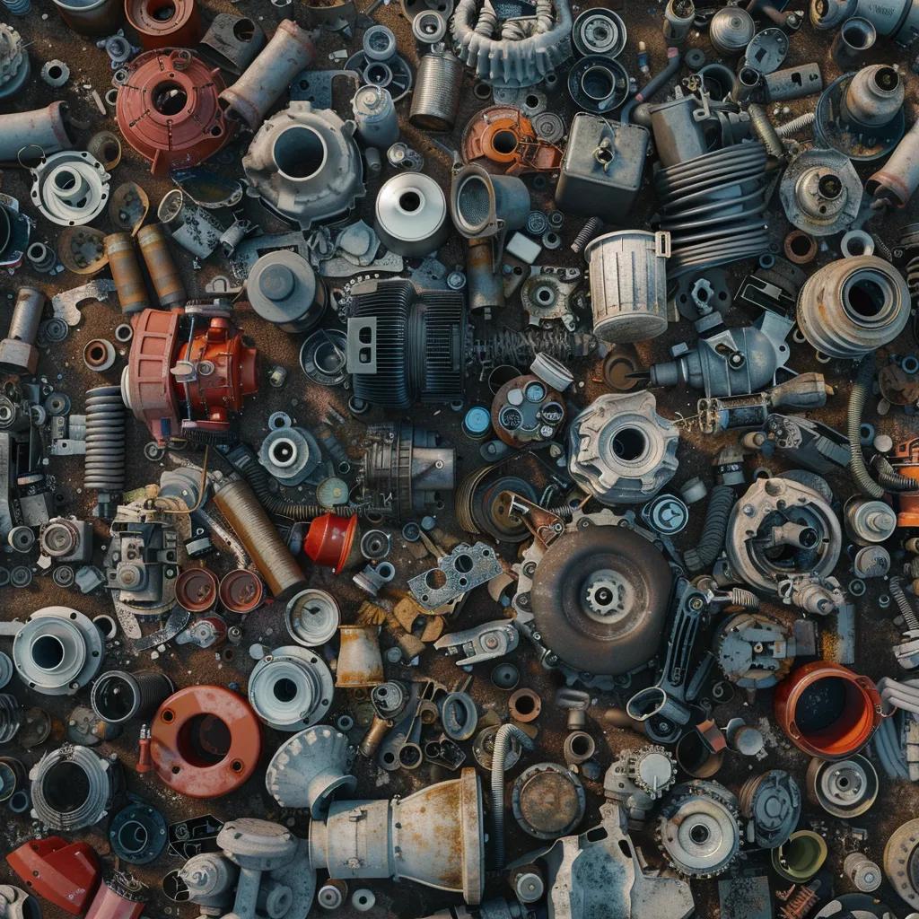 Scrapped car parts in a recycling yard highlighting valuable components