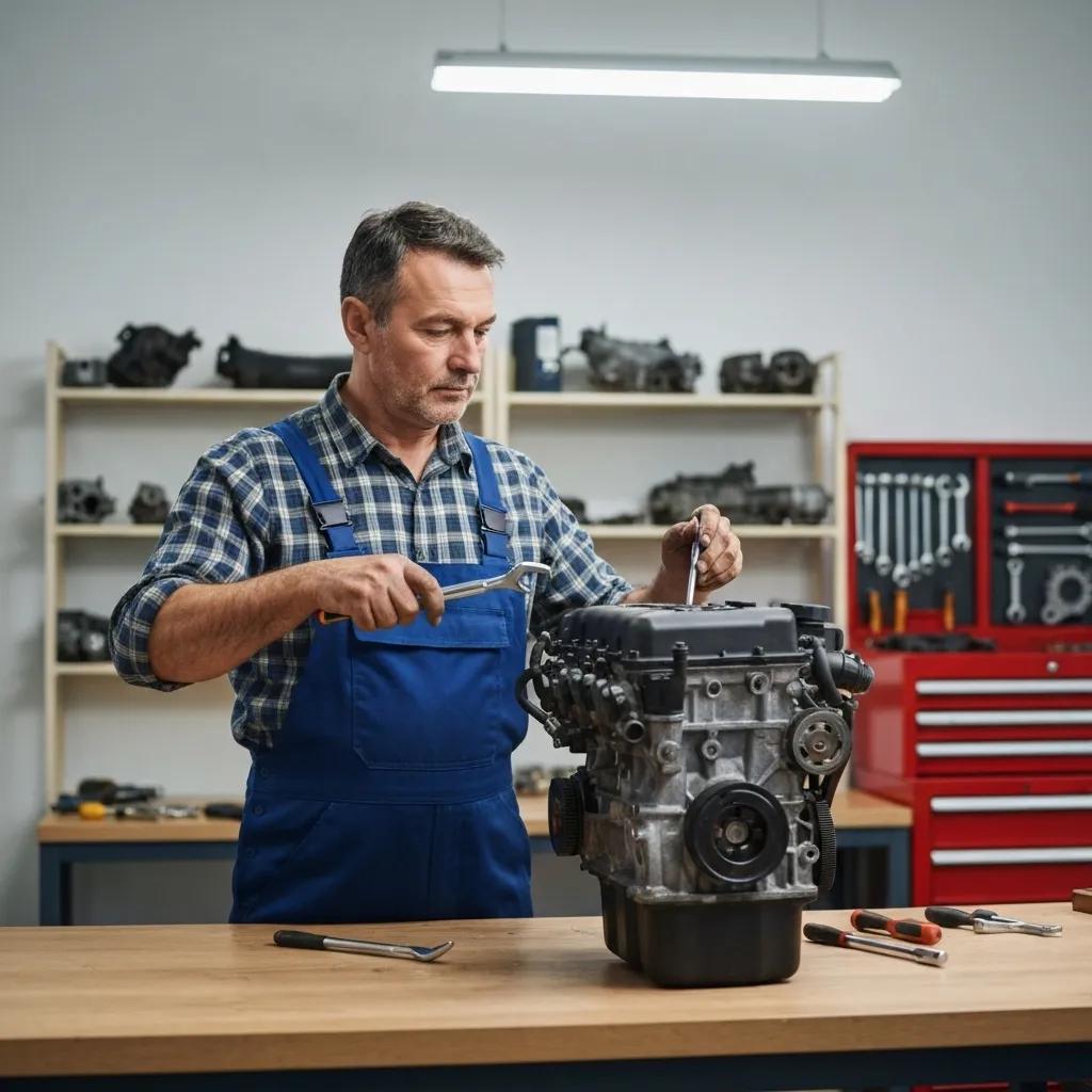 A mechanic carefully examining a used car part in a workshop, demonstrating the process of checking quality and warranty
