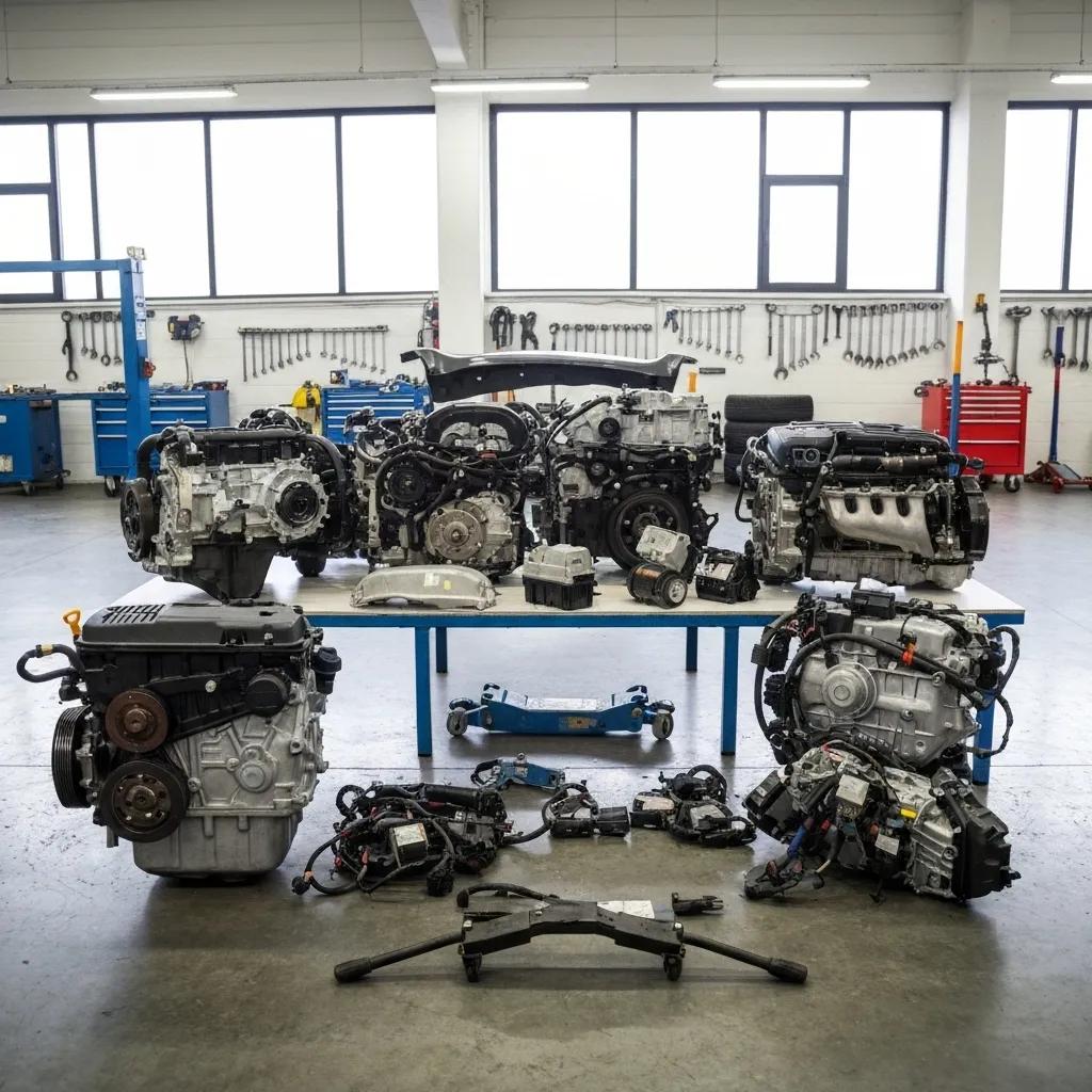Quality used car spare parts displayed in an automotive workshop, emphasizing reliability and variety