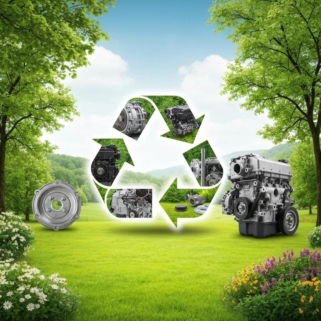 Illustration showing the environmental advantages of used auto parts, featuring a recycling symbol and automotive components within a green landscape