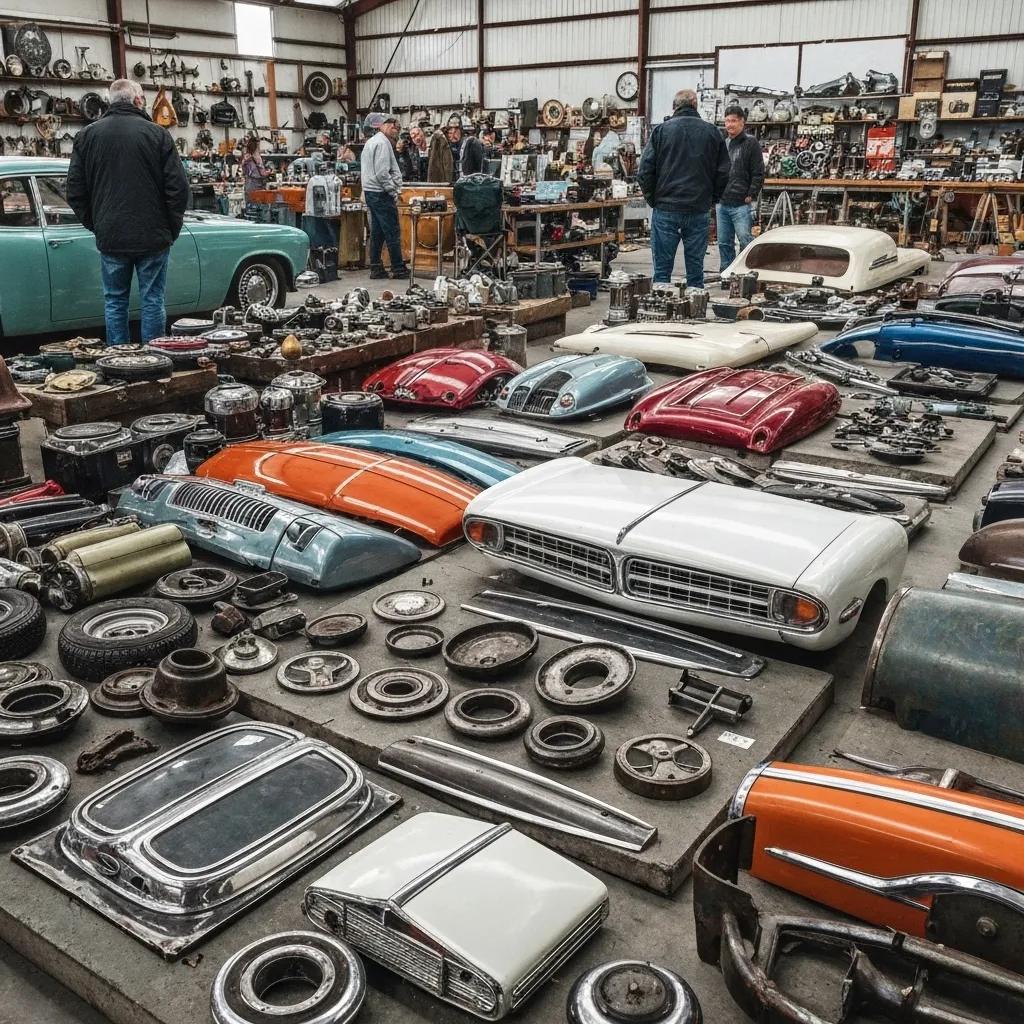 A selection of reliable used car parts displayed neatly in an auto parts store, highlighting affordability and quality