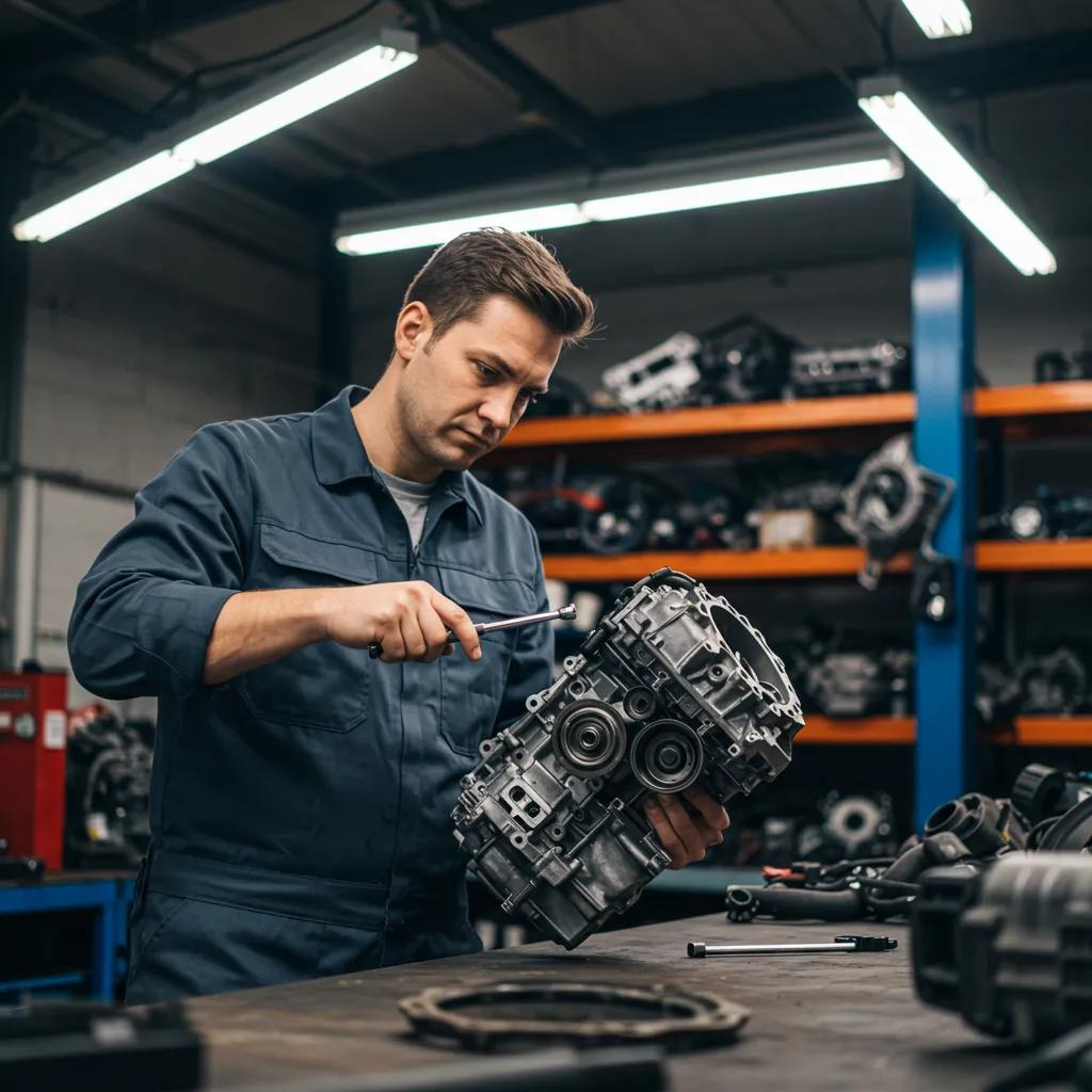 A skilled mechanic meticulously examining a used auto part for quality assurance within a professional workshop environment