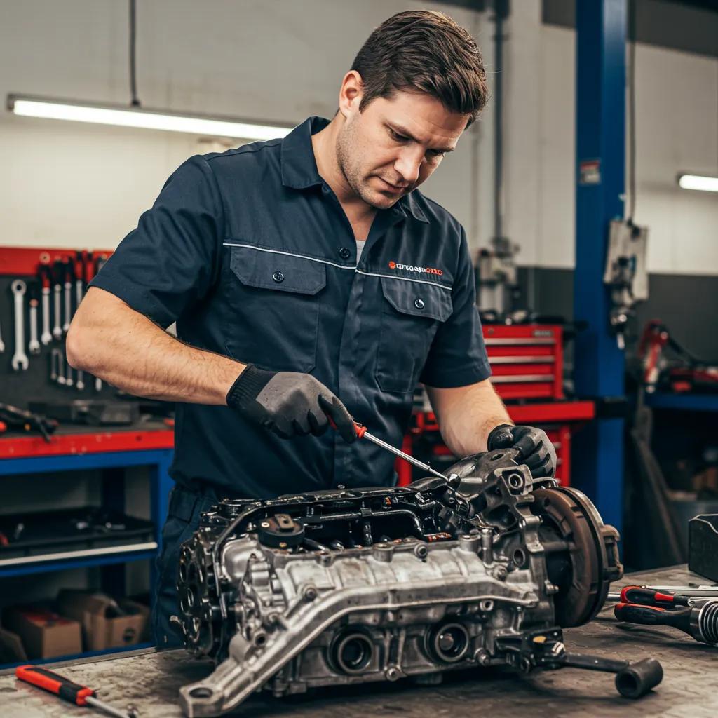 A mechanic carefully inspecting a used car part in a professional workshop environment