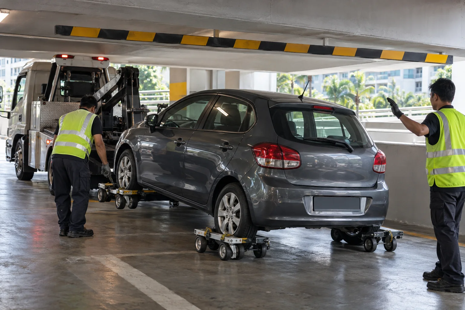 Non-running car prepared for safe collection from a Singapore multi-storey car park
