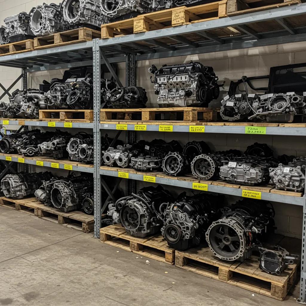A neatly organized auto parts yard showcasing a diverse array of used car components ready for purchase.