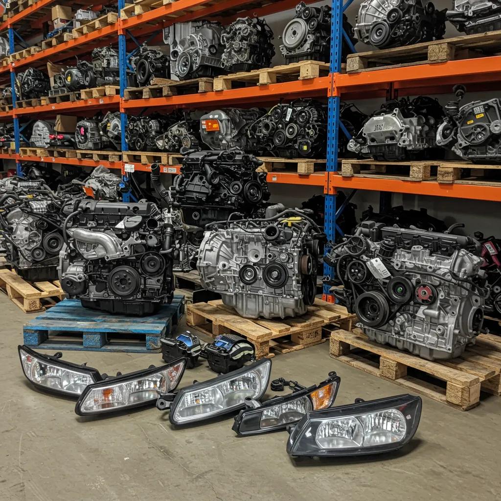 Quality spare parts from scrap cars in a well-organized auto parts warehouse