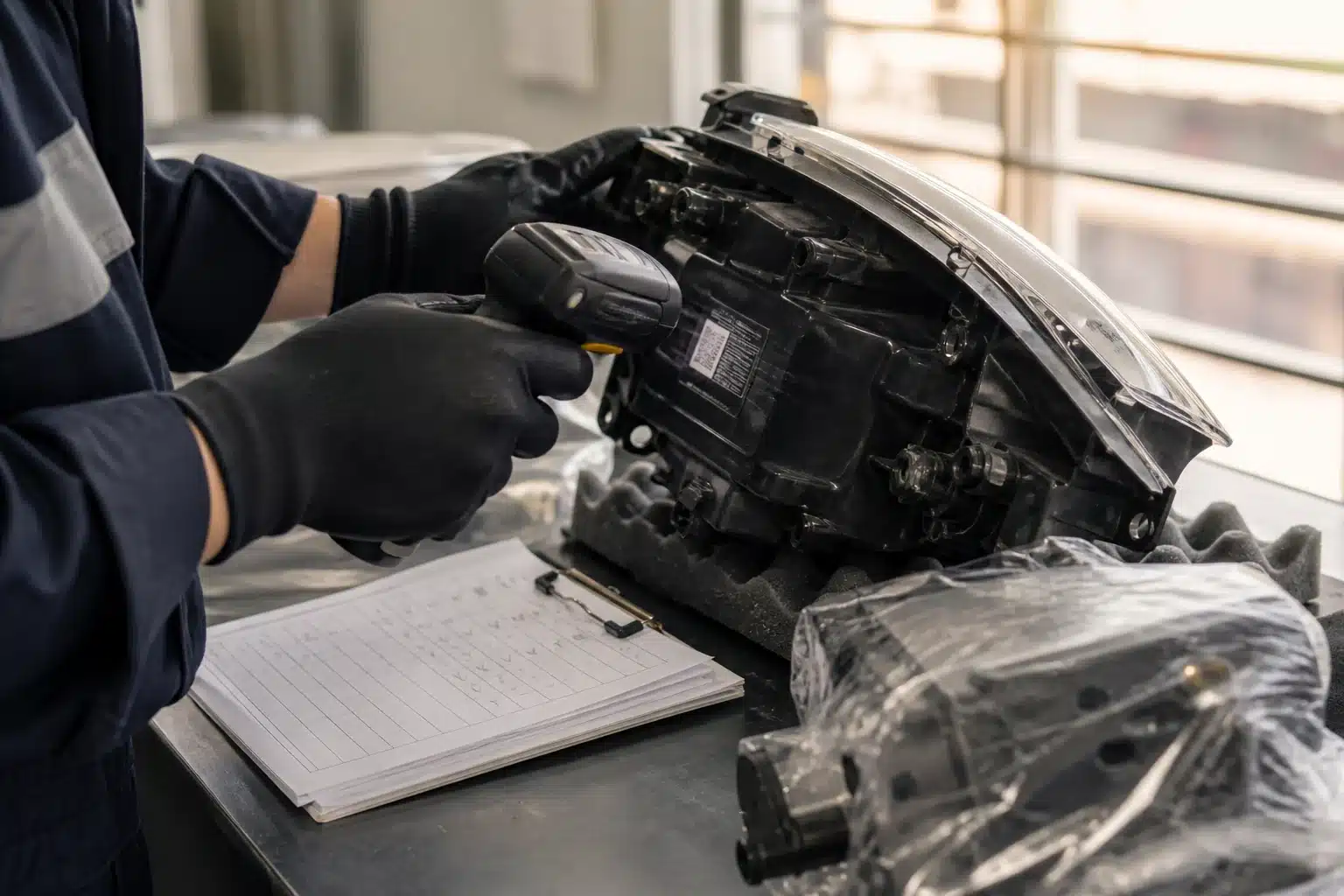 Technician checking and labelling a recovered car headlight before reuse