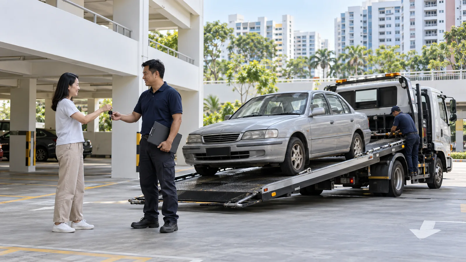 Scrap car Singapore collection day with an owner handing keys to a vehicle recovery coordinator