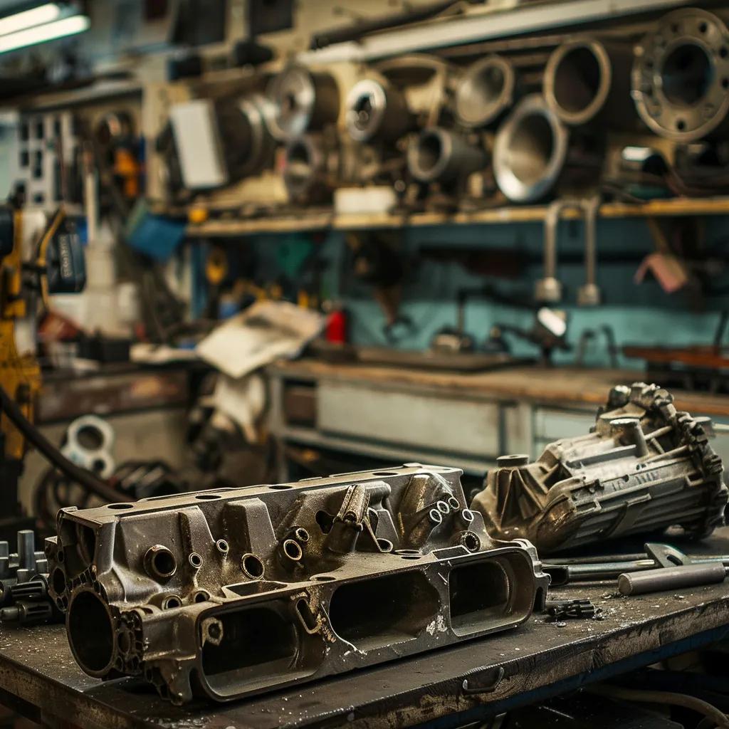 Close-up of high-value scrap car parts including catalytic converter and engine block