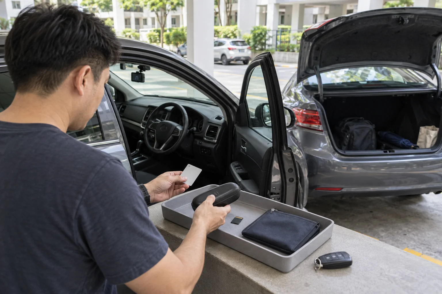 Owner removing personal items and access cards before scrap car collection in Singapore