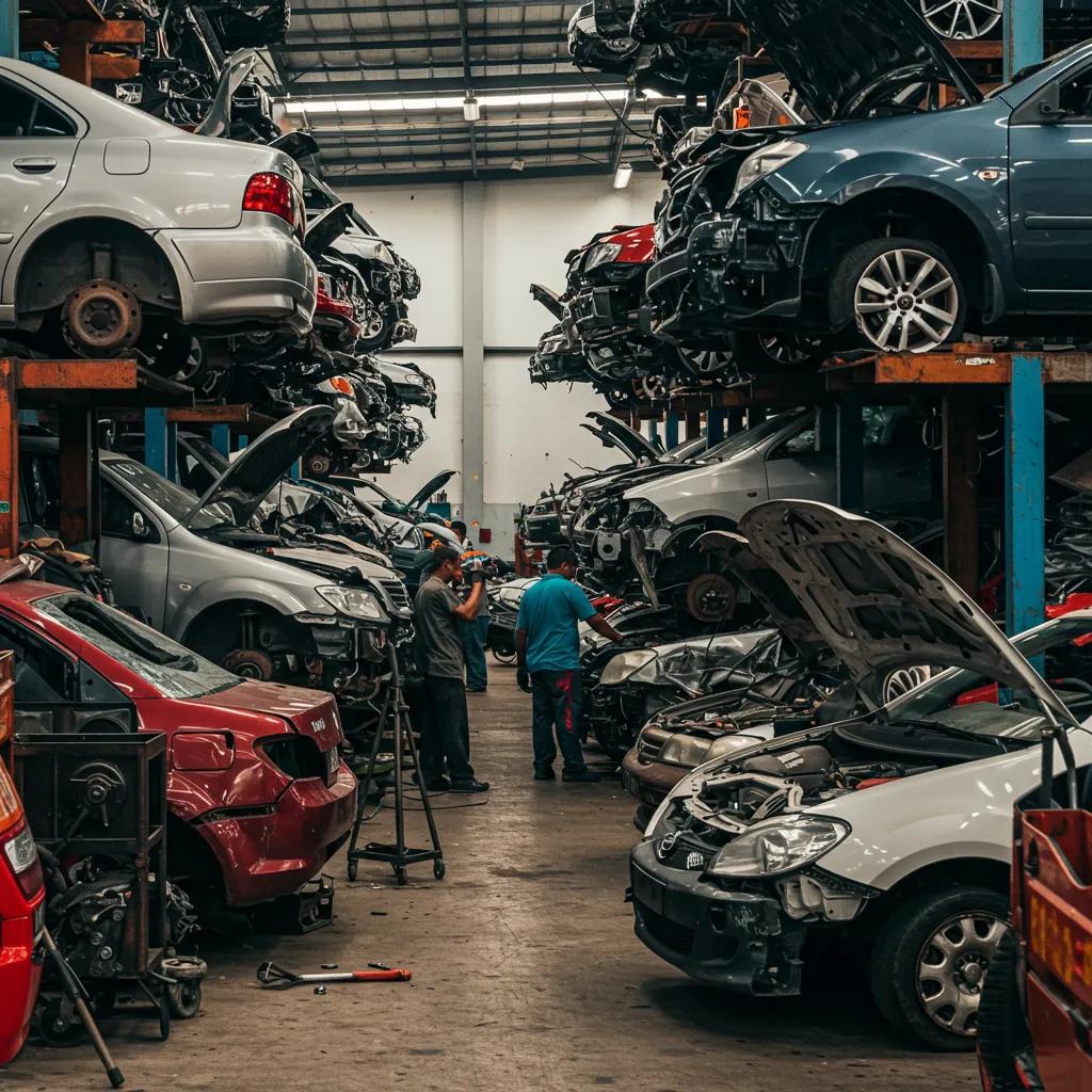 Scrap yard in Sungei Kadut with workers dismantling vehicles and recycling auto parts