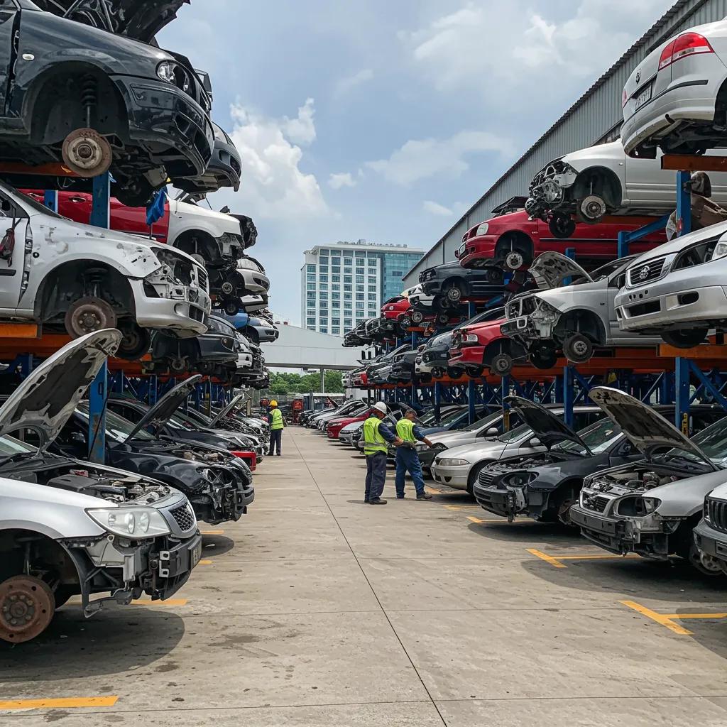 Singapore car scrapyard with workers carefully dismantling end-of-life vehicles for recycling and part recovery