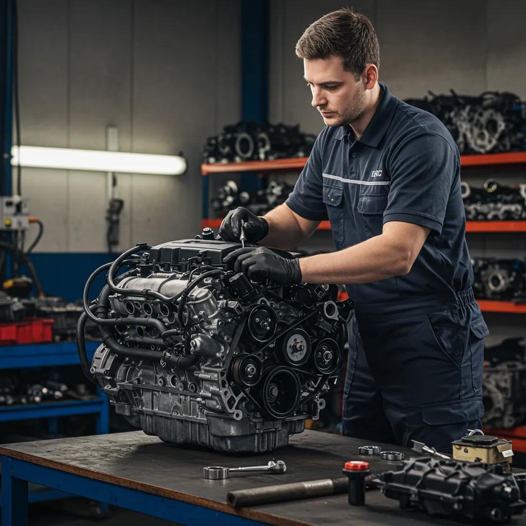 Technician meticulously inspecting a used car engine in a workshop, highlighting the rigorous quality assurance process for auto parts