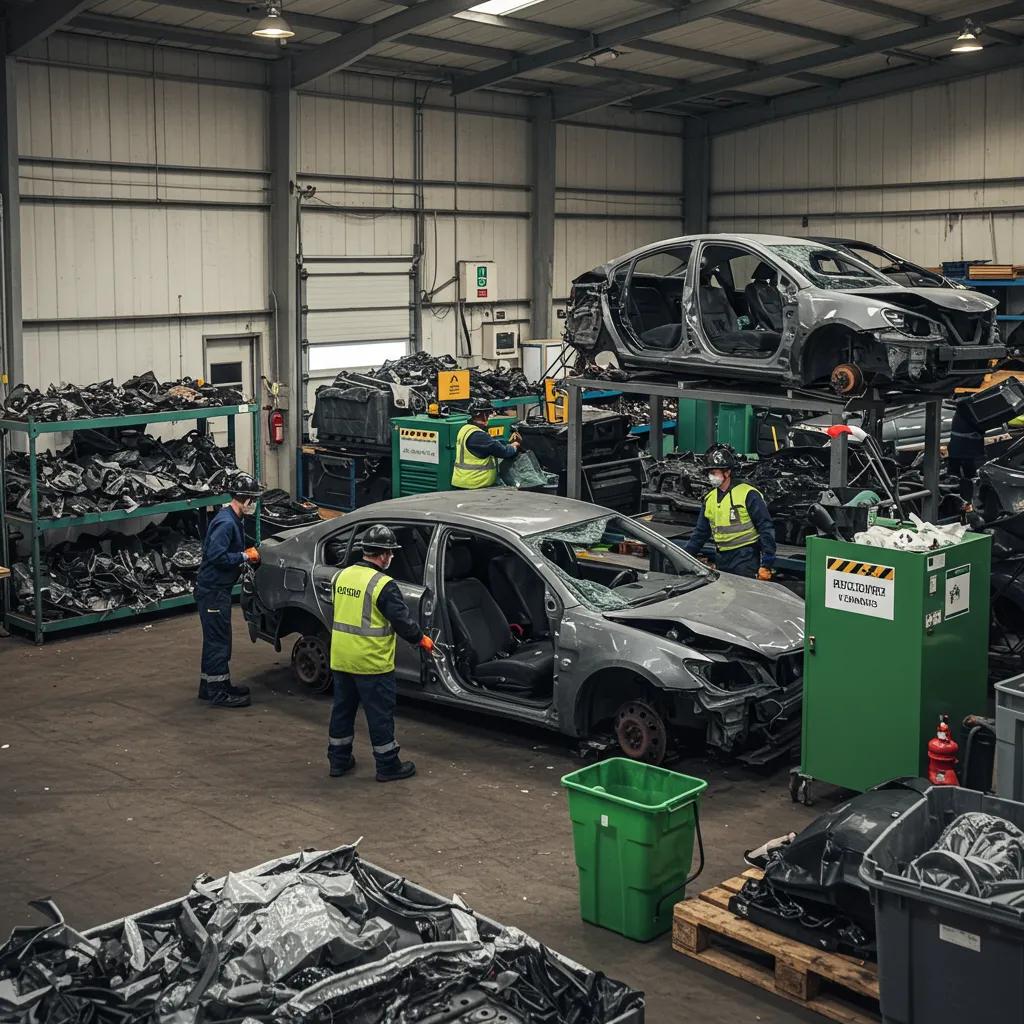 Technicians carefully dismantling a car, emphasizing sustainable practices and maximum recycling
