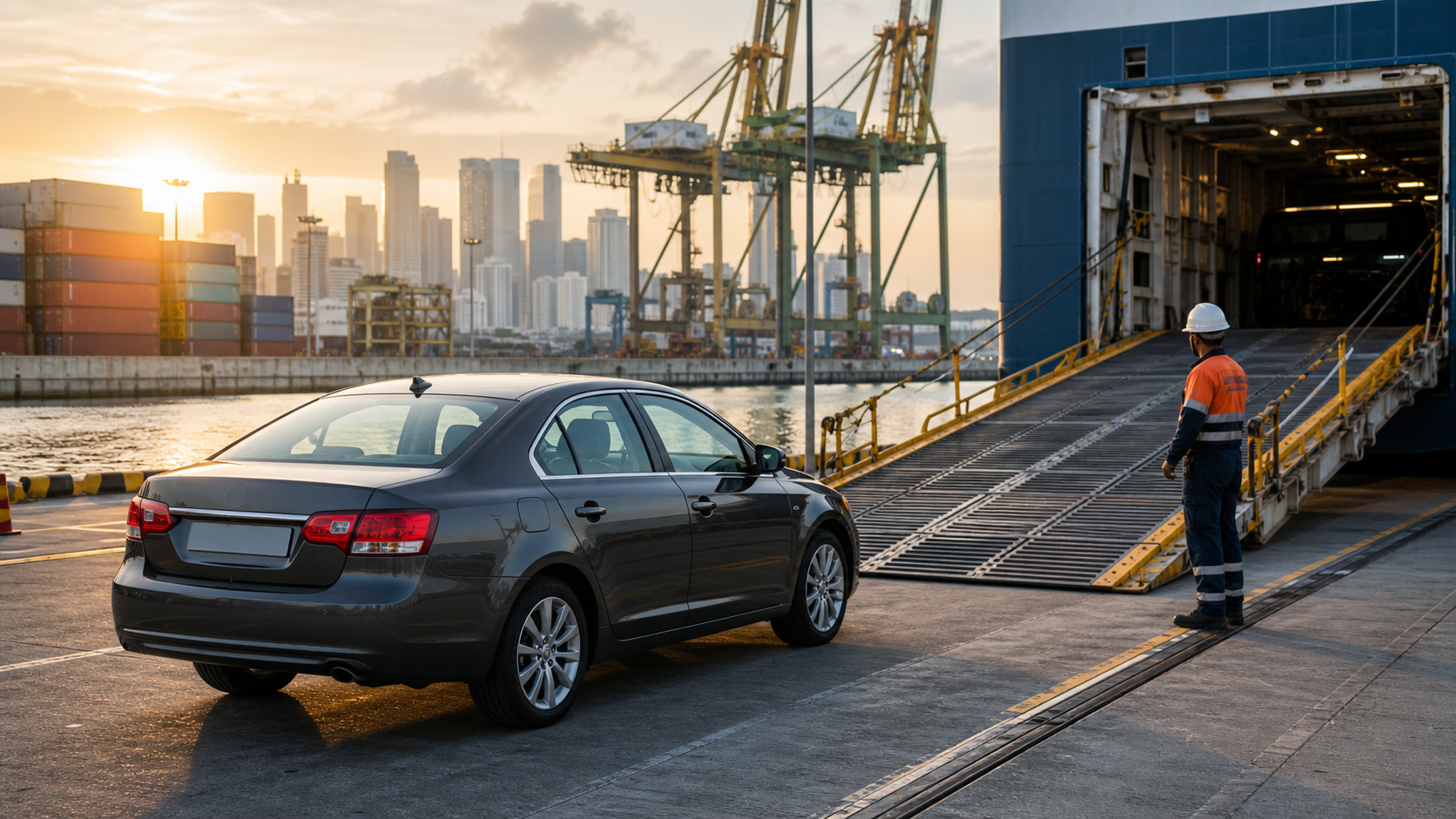 Used car exporter in Singapore preparing a vehicle for overseas shipping at a container port