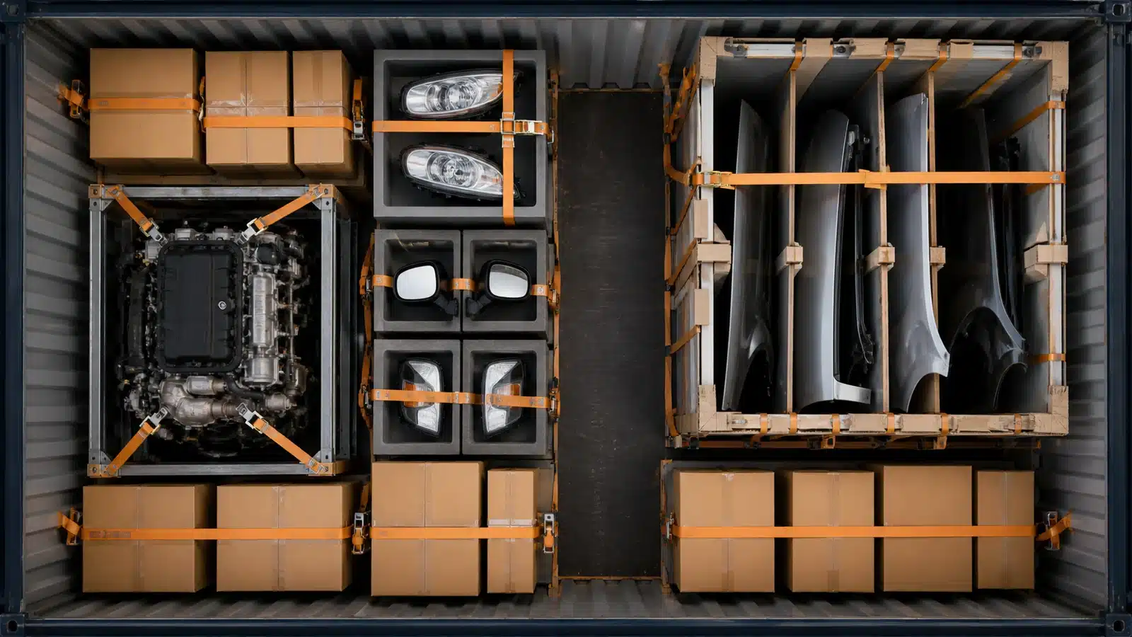 Used engines, lights and body parts secured for export in a shipping container