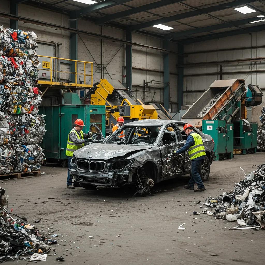 Workers diligently dismantling a junk car at a recycling facility as part of the vehicle recycling process
