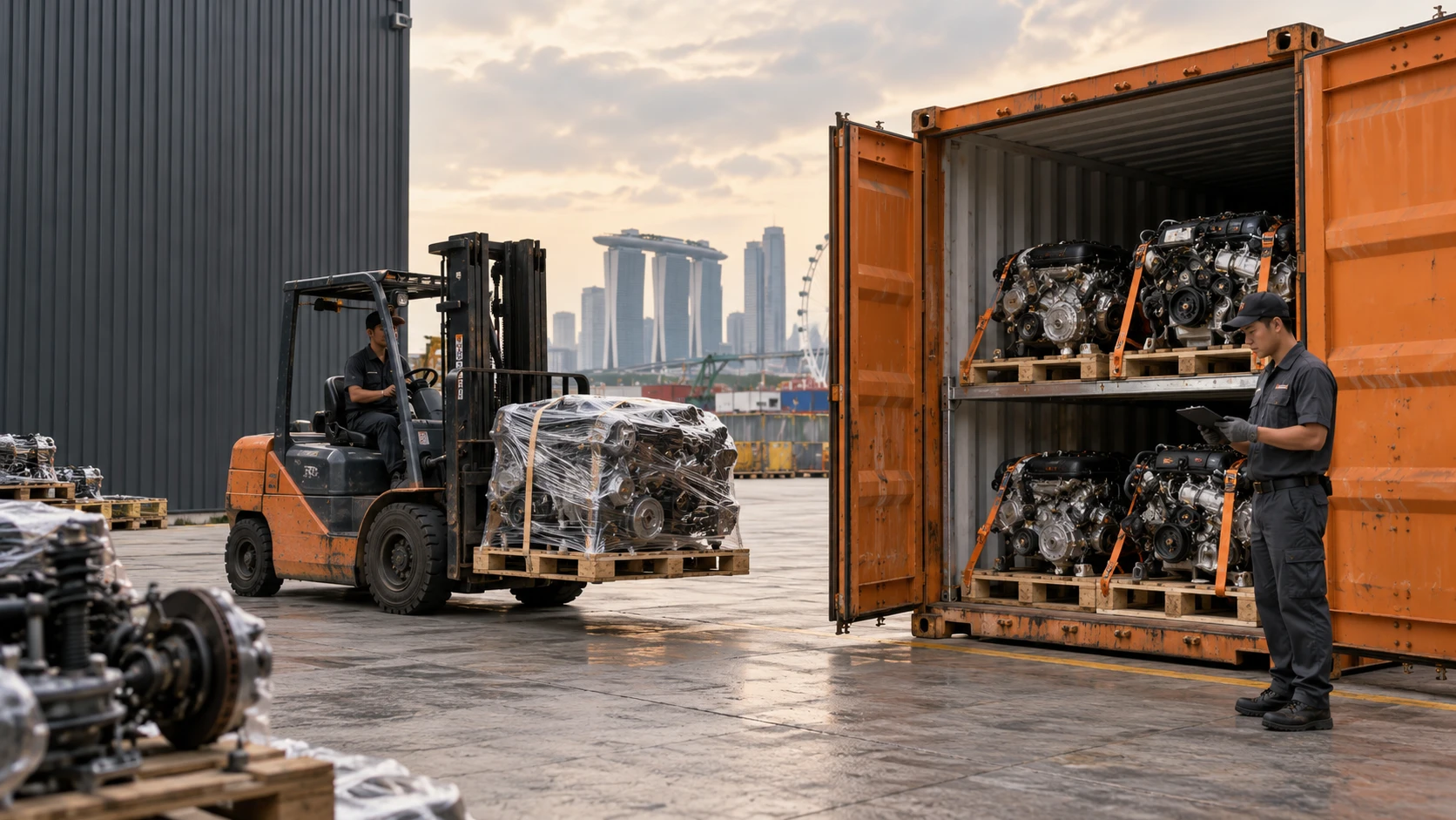 Automotive components prepared for loading into an orange shipping container
