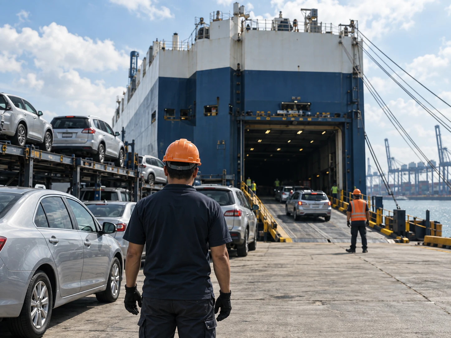 Vehicle export facility with shipping containers and an automotive worker