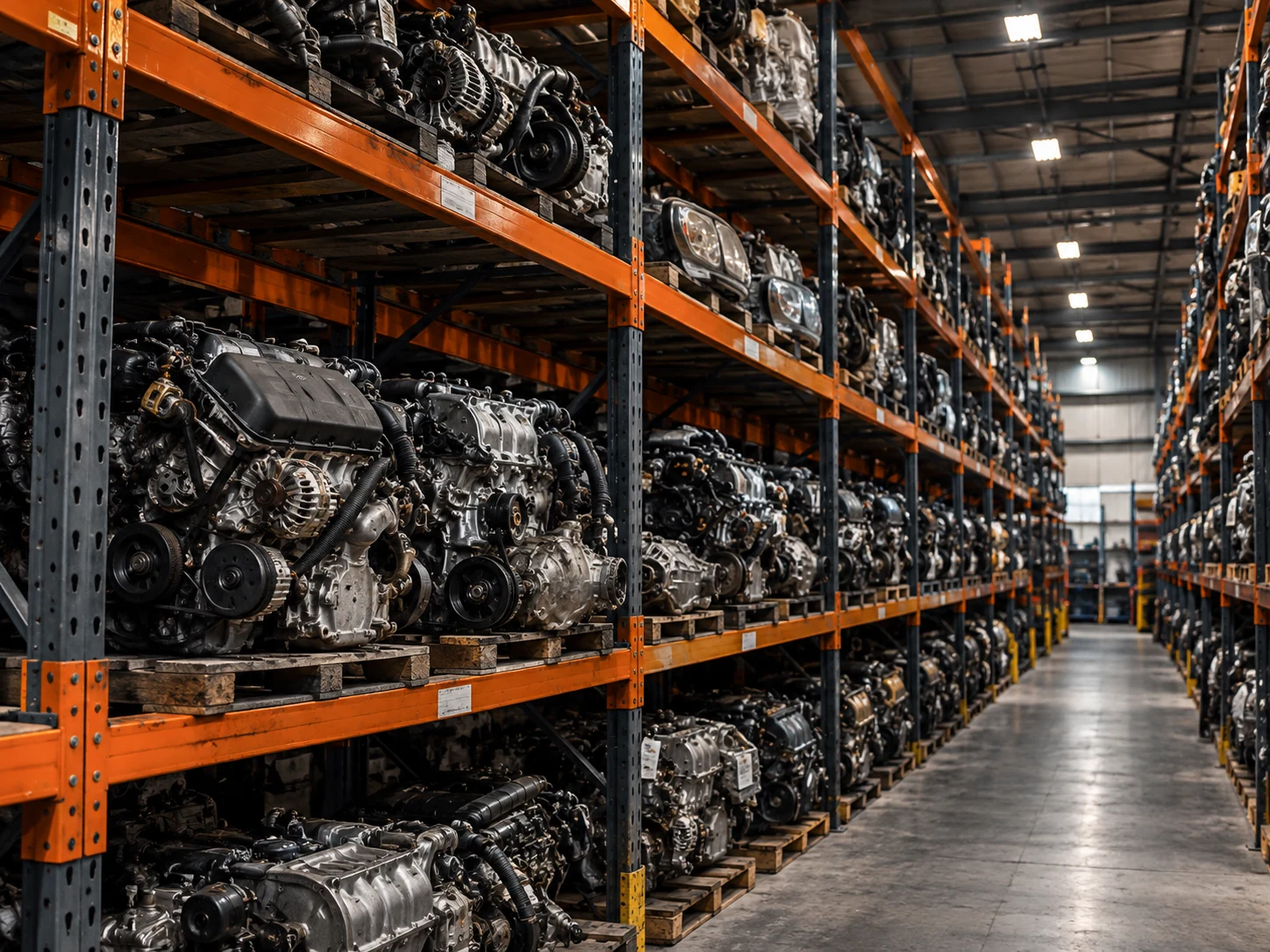 Organised orange racks of used engines and automotive parts